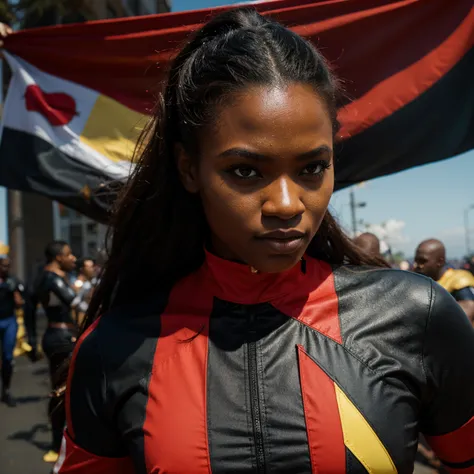 Create an Angolan super hero with a flag costume and sable symbol