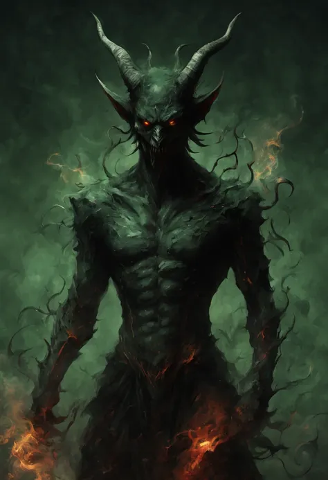 demon, black background, dark green, minimalist, fantasy style