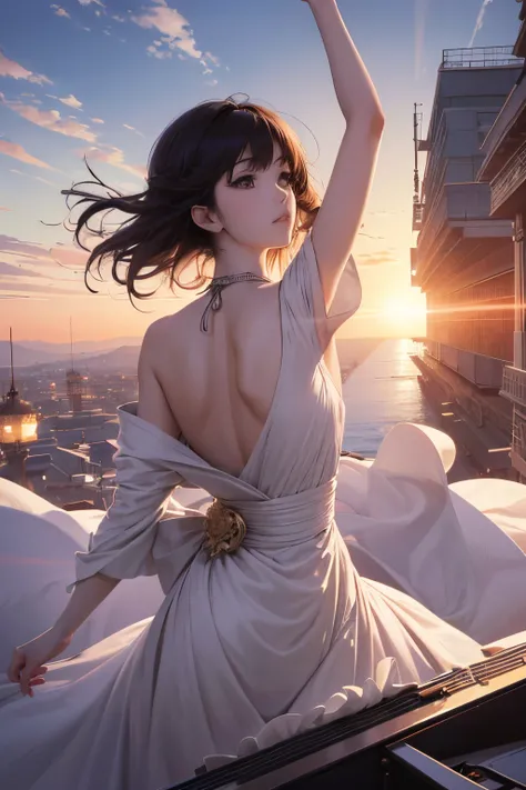 Kikuji Yamashita, Kazune Kawahara, Surreal, mysterious, bizarre, fantastical, fantasy, Sci-fi, Japanese anime, beautiful women in dresses dancing on giant piano keyboard, perfect voluminous body, symphony orchestra, spaceship at sunrise, detailed masterpie...