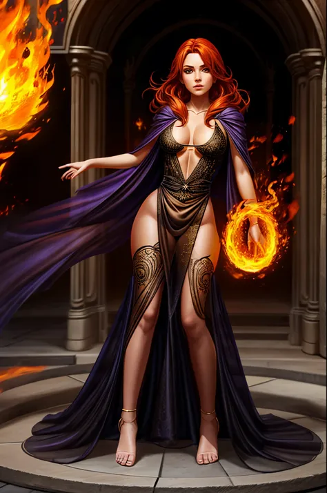 1girl, sorceress, full body shot, see through robe, fiery hair, fire mage