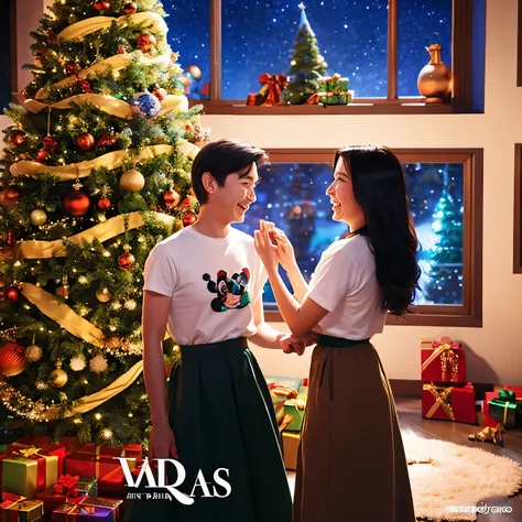 In the Disney Pixar poster, there is a boy wearing a long white T-shirt and black pants with a Christmas tree in the background, and on the left two girls wearing the same long white T-shirt and black skirt are looking at each other and laughing. I have。gi...