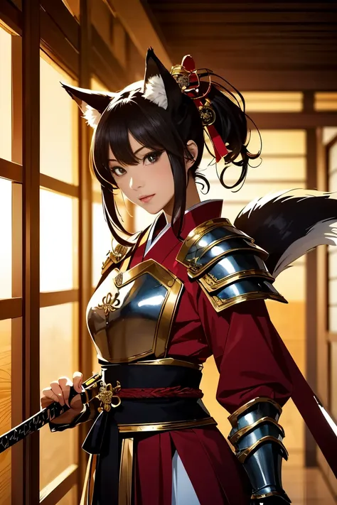 (((looking away:1))), ((look at another one:1)), fox incarnation、((sexy female warrior))、japan yokai、sexy fox female warrior wit...