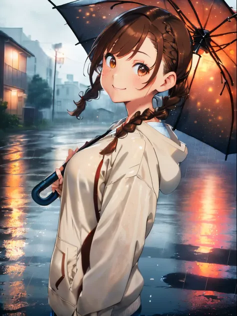 ((brown hair)),((braided shorthair)),(with bangs),((pigtails)),((brown eyes)),slight red tide,((rainy night sky)),((hold out you...