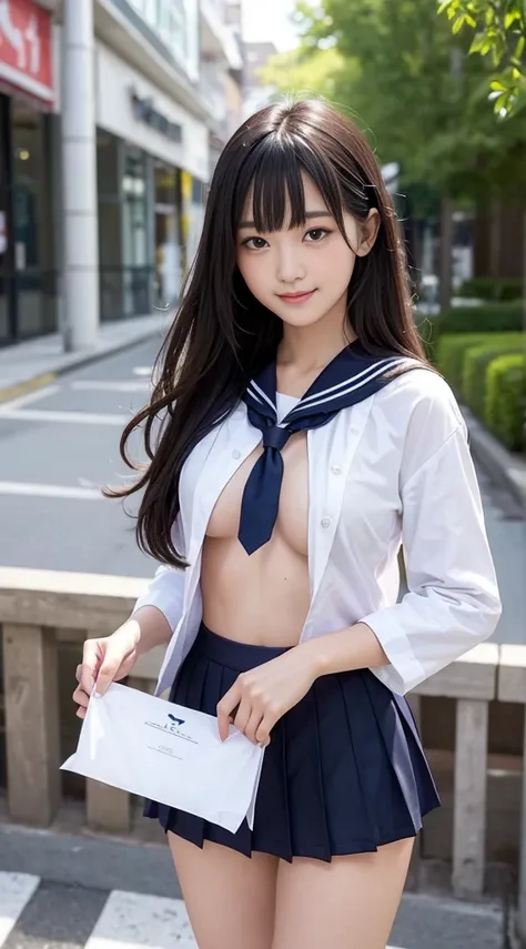 top-quality,ultra-detailliert,​masterpiece,realisitic,Photo Real,Bright lighting,1 clove of garlic:1.2), Upper body、The upper uniform is torn and the bra is visible.、A sexy、Skirt flutters、Cute underwear、Uniform torn、kawaii、Angle from below、skinny、small tit...