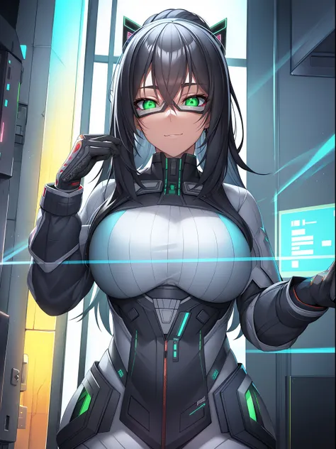 ((best quality)), ((masterpiece)), (highly detailed:1.3), 3d,rfktr_technotrex, beautiful cyberpunk woman with voluminous hair,(w...