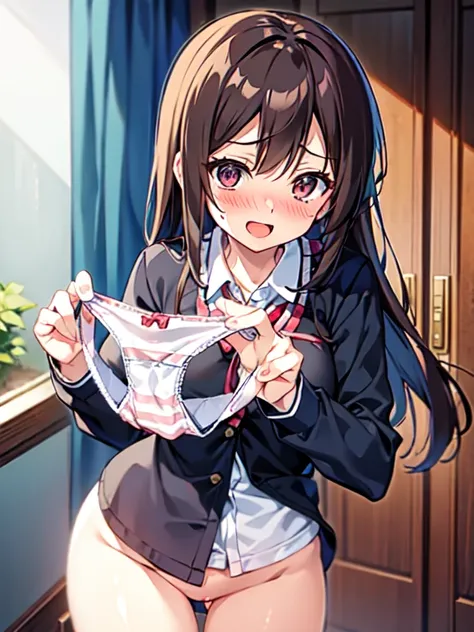 masutepiece, Best Quality, Highly detailed, Solo, 1girl in, School uniform, NSFW, Bottomless, Presenting Panties, Striped panties, sexual excitement, nose blush, :D, Teary eyes, 5 trusses