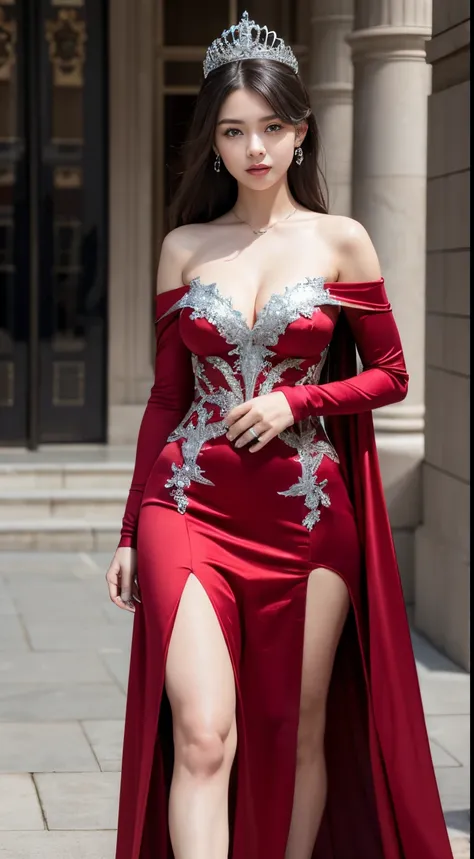 Ultra high-definition images,Very beautiful princess, teens girl, ((femele/Wonderfully beautiful woman/Detailed images of super beautiful women,fullbody image,)), tiara studded with diamonds, red gown,Silver dress,fullbody image,Buckingham Palace backgroun...