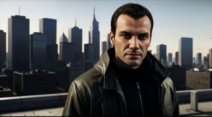 a close up of a man in a jacket standing in front of a city, gta 4 loading screen artwork, gta 4 loading screen, gta iv art style, gta character, gta art, as the protagonist of gta 5, gta loading screen art