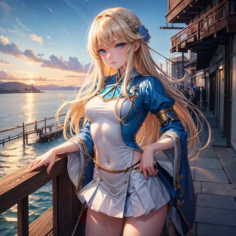 Vladimir Kirin, Moto Hagio, Surreal, mysterious, strange, fantastical, fantasy, Sci-fi, Japanese anime, beautiful blonde miniskirt girl Alice on the wharf, perfect voluminous body, Lanling King initiation song, deep-sea fishing, alchemy, detailed masterpie...