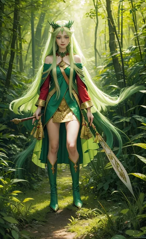 green long hair，Nice face，Red clothes，diadems，Heterochromatic pupil，ssmile，rays of sunshine，fully body photo，the soft light，The stands up，Fantasy Forest