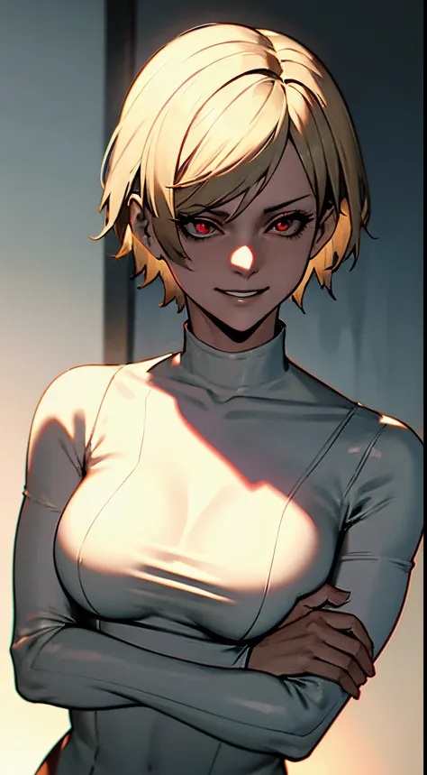 possessed sherry birkin, short blonde hair, fair skin, red eyes, evil grin, dark horror ambience, happy, admiring looks, pressin...