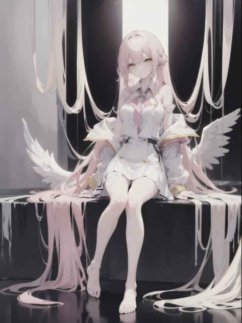 Long pale pink hair scattered，Pale yellow eyes，The white coat is taken off under the shoulders，Black off-the-shoulder school uniform，Barefoot，Long legs，，medium build girl，huge tit