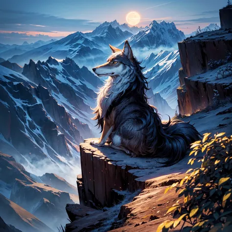 (top quality picture,masterpiece level,high-level image quality),coyote(One wolf,Super cool,Realistic coat),Howling at the top of the cliff,beautiful night sky and full moon、