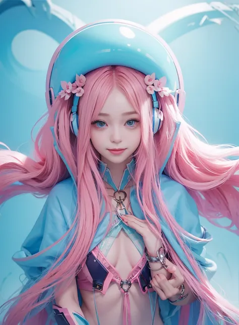 pink long hair，nice face，blue suspender bikini，heterochromatic pupil，ssmile，apathy，比基尼，full body photo，the soft light，earphone