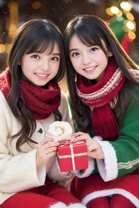 (Best Quality,Photorealistic,hight resolution),2girls,Beautiful detailed eyes,Beautiful detailed lips,Smiling,Laughing,Cute,Christmas Eve,Happy,having fun,Winters,Joyful,excited,Twinkling lights,Decorated Christmas Tree,clew,cosy atmosphere,Warm fireplace,...