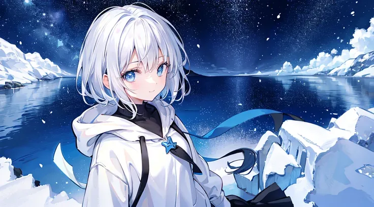 Ultra-high image quality,Look at viewers, hands behind back, girl with, 20 years old, Very short hair, long bangs between eyes, pale blue eyes, Hoodie, Skirt , Blue sky, Sunlight, Extremely detailed,(​masterpiece、top-quality)、独奏、White hair、A smile、White sk...