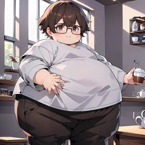 ((1 boy))),((obese)), ((brown eyes)), ((gafas)), (Pantalones cortos negros), (Camisa blanca), Pelo negro corto, cabello multicolor, (((pantys)) ), (((coffee shop background))), ((Antecedentes detallados)), (((Manos perfectas))), (((Manos en el vientre))), ...