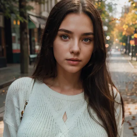 Photography of a stunning girl, 21 year old, Wear a white autumn sweater, long hair, heavy bust 36DD, looks into the camera, Symmetrical green eyes, symmetrical face, photorealistic, Photography, Path tracing, Reflective lighting, Volumetric facial light, ...