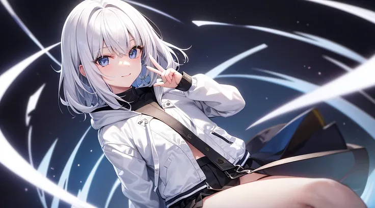 Ultra-high image quality,Look at viewers, hands behind back, girl with, 20 years old, Very short hair, long bangs between eyes, pale blue eyes, Hoodie, Skirt , Blue sky, Sunlight, Extremely detailed,(​masterpiece、top-quality)、独奏、White hair、A smile、White sk...