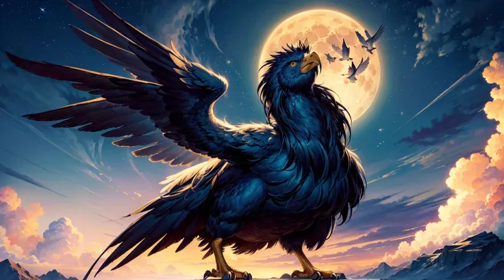 (top quality picture,masterpiece level,high-level image quality),beautiful big bird flying in the sky,beautiful night sky and full moon,Legendary Birds,Legendary creatures,imaginary bird,(Accurate images,Image without defects,Realistic image,accurate anato...