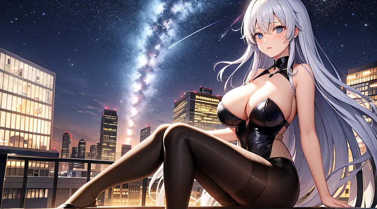 Octane renderer, sky sky, As estrelas (sky sky), scenecy, starrysky, natta, 1 busty girl, nigh sky, Alone, Outdoor sports, signatures, buliding, cloud, milky ways, sitted, that tree, Long gray hair, 城市, contours, looking over city