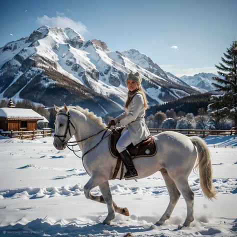 A blonde woman dressed in horse riding attire stands next to a white horse. A small gray cat is sitting on the horse. A white dog is lying in front of the horse. The background consists of snow-covered mountains. (best quality, highres, ultra-detailed), re...