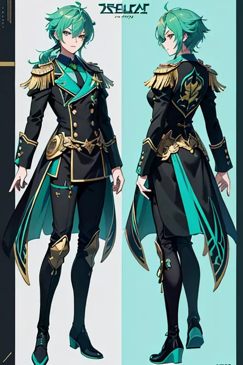 Close-up of a man in a singing costume，green hair，Turquoise color scheme，Green dominant color（（character concept art）），((CharacterDesignSheet、Same Role、facade、side face、on back))Character Cover for Maple Story，Video game character design，Video game charact...