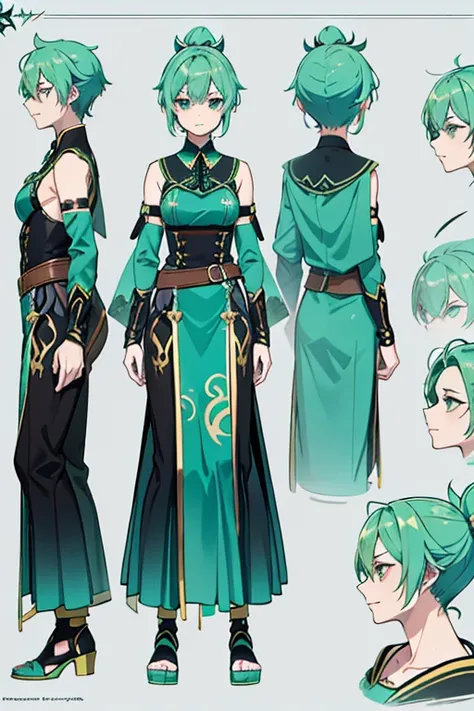 Close-up of a man in a singing costume，green hair，Turquoise color scheme，Green dominant color（（character concept art）），((CharacterDesignSheet、Same Role、facade、side face、on back))Character Cover for Maple Story，Video game character design，Video game charact...