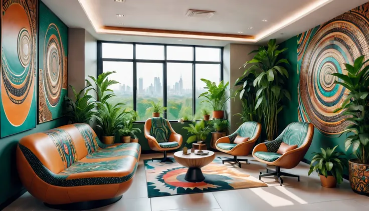 tribal style，Utopian，Afu Futurism，Postmodern，Lounge style office photos，Inside the room，cozy environment，Modern furniture，Stylish design，Maximalism，natural  lightting，vivd colour，tribal pattern，Abstract artwork，floor to ceiling window，in a panoramic view，E...