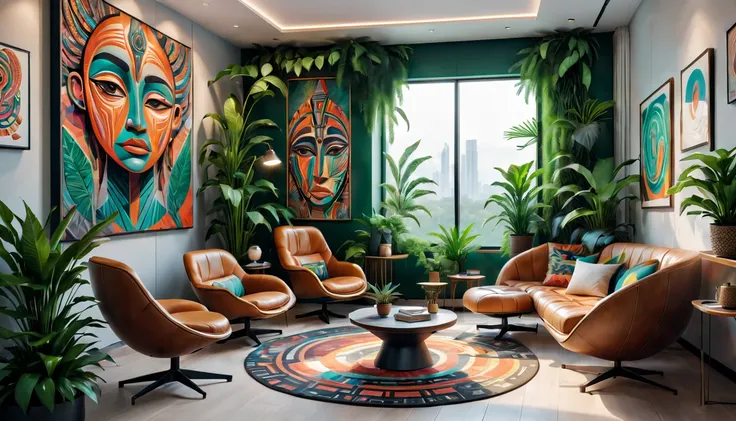 tribal style，Utopian，Afu Futurism，Postmodern，Lounge style office photos，Inside the room，cozy environment，Modern furniture，Stylish design，Maximalism，natural  lightting，vivd colour，tribal pattern，Abstract artwork，floor to ceiling window，in a panoramic view，E...