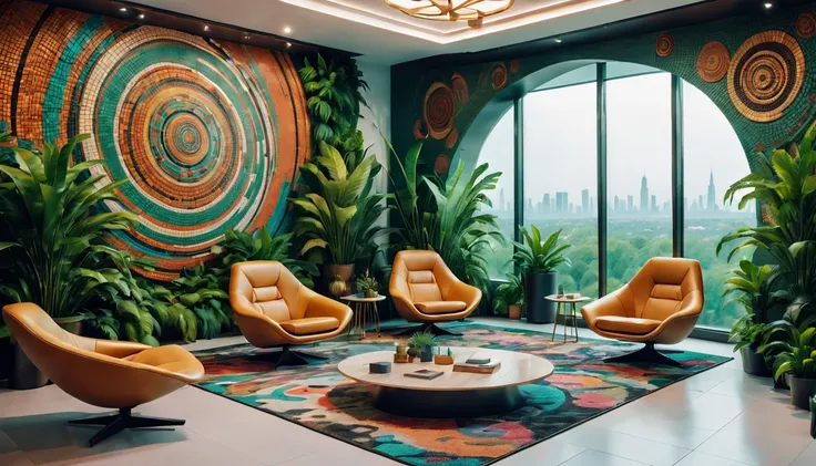 tribal style，Utopian，afofuturism，Postmodern，Lounge style office photos，Inside the room，cozy environment，Modern furniture，sofe，Stylish design，Maximalism，natural  lightting，vivd colour，tribal pattern，Abstract artwork，floor to ceiling window，in a panoramic vi...