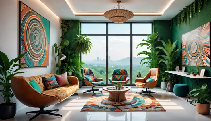 tribal style，Utopian，afofuturism，Postmodern，Lounge style office photos，Inside the room，cozy environment，Modern furniture，sofe，Stylish design，Maximalism，natural  lightting，vivd colour，tribal pattern，Abstract artwork，floor to ceiling window，in a panoramic vi...