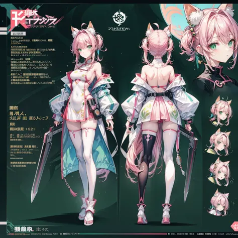 Character Sheets, Three types，Shot Full Body，Game Character Design，Victorizo ∨TSE∨,Stylistic expression, pastel colors, green, Toxic Green, absurdress, Full of Details,2 d anime style, anime moe art style, Jazz & Increased, cute art style, Anime-style illu...