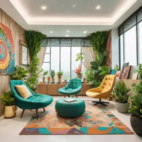 tribal style，Utopian，afofuturism，Postmodern，Lounge style office photos，Inside the room，cozy environment，Modern furniture，sofe，Stylish design，Maximalism，natural  lightting，vivd colour，tribal pattern，Abstract artwork，floor to ceiling window，in a panoramic vi...