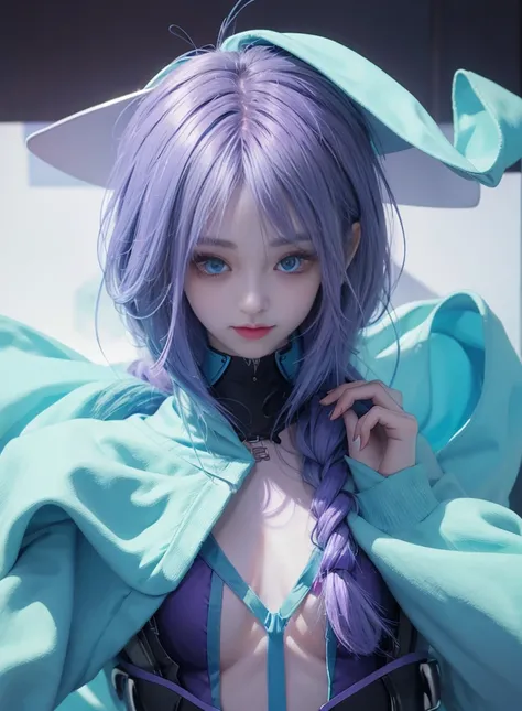 Long purple-blue hair，Nice face，Blue suspender bikini，Heterochromatic pupil，ssmile，apathy，比基尼，fully body photo，the soft light，Earphone