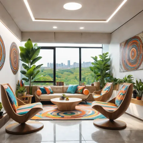 tribal style，Utopian，afofuturism，Postmodern，Spacious lounge style office photos，Inside the room，cozy environment，Modern furniture，sofe，Stylish design，Maximalism，natural  lightting，vivd colour，tribal pattern，Abstract artwork，floor to ceiling window，in a pan...