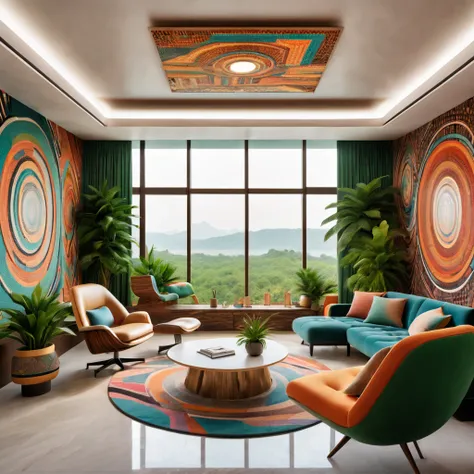 tribal style，Utopian，afofuturism，Postmodern，Spacious lounge style office photos，Inside the room，cozy environment，Modern furniture，sofe，Stylish design，Maximalism，natural  lightting，vivd colour，tribal pattern，Abstract artwork，floor to ceiling window，in a pan...