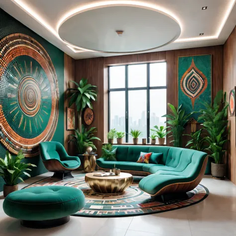 tribal style，Utopian，afofuturism，Postmodern，Spacious lounge style office photos，Inside the room，cozy environment，Modern furniture，sofe，Stylish design，Maximalism，natural  lightting，vivd colour，tribal pattern，Abstract artwork，floor to ceiling window，in a pan...