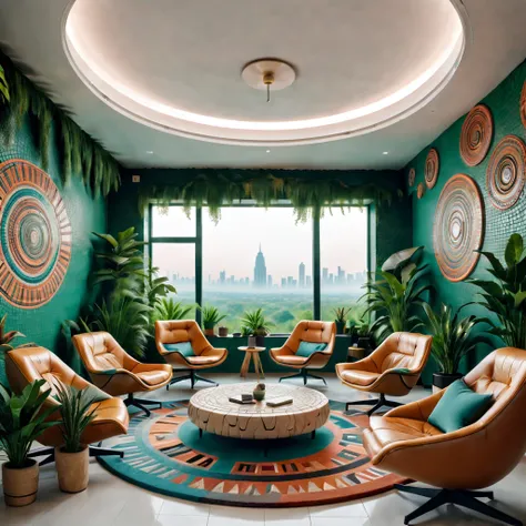 tribal style，Utopian，afofuturism，Postmodern，Spacious lounge style office photos，Inside the room，cozy environment，Modern furniture，sofe，Stylish design，Maximalism，natural  lightting，vivd colour，tribal pattern，Abstract artwork，floor to ceiling window，in a pan...