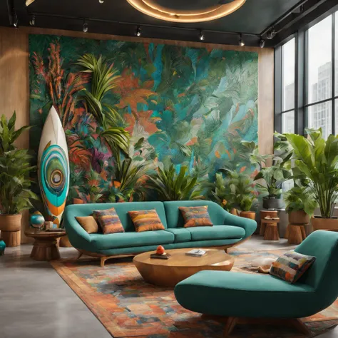 tribal style，Utopian，afofuturism，Postmodern，Spacious lounge style office photos，Inside the room，cozy environment，Modern furniture，sofe，Stylish design，Maximalism，natural  lightting，vivd colour，tribal pattern，Abstract artwork，floor to ceiling window，in a pan...