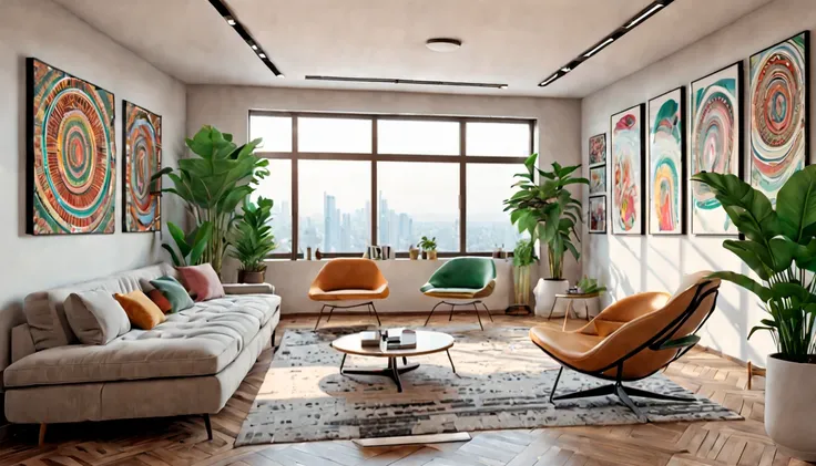 tribal style，Utopian，afofuturism，Postmodern，Spacious lounge style office photos，Inside the room，cozy environment，Modern furniture，sofe，Stylish design，Maximalism，natural  lightting，vivd colour，tribal pattern，Abstract artwork，floor to ceiling window，in a pan...