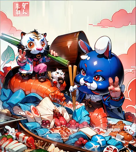 (Best quality at best),(tmasterpiece),high detal,exceedingly_Detailed pubic hair_CG_unified_8K_Wallpapers，A rabbit，one tiger，wearing blue jacket，chopsticks，Eat hot pot，verdure，Flesh，shrimps，sukiyaki，radishes