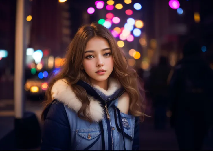 (best quality, highres), vibrant colors, soft lighting, natural beauty details, flowing hair, expressive eyes and lips, delicate skin texture, girl portrait, photorealistic, city lights, bokeh colors, night street, teenager beauty