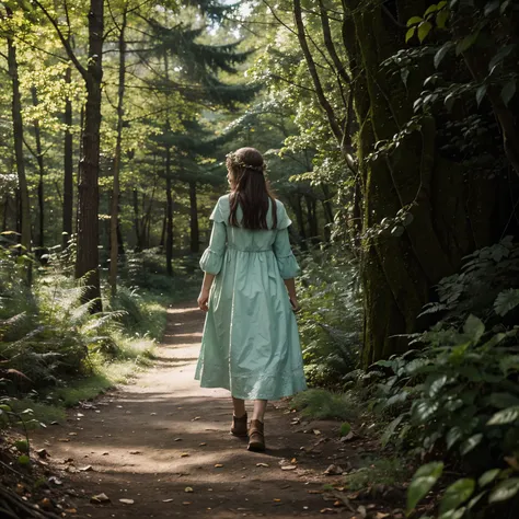 Girl in a fairytale forest, which communicates with plants,Trees, and animals