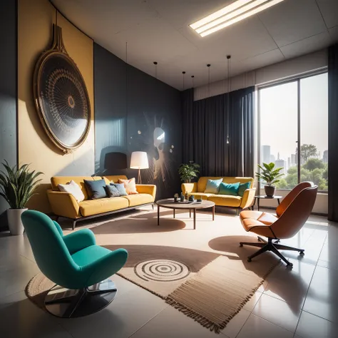 tribal style，Utopian，afofuturism，Postmodern，Spacious lounge style office photos，Inside the room，cozy environment，Modern furniture，sofe，Stylish design，Maximalism，natural  lightting，vivd colour，tribal pattern，Abstract artwork，floor to ceiling window，in a pan...