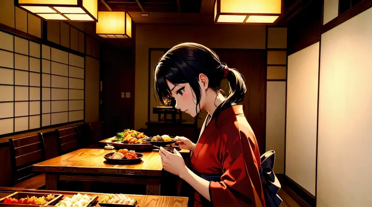 top-quality、​masterpiece、8k picture quality、perfect beauty、kappo kimono、japanese restaurant、cooking、kitchin、there is a charcoal ...