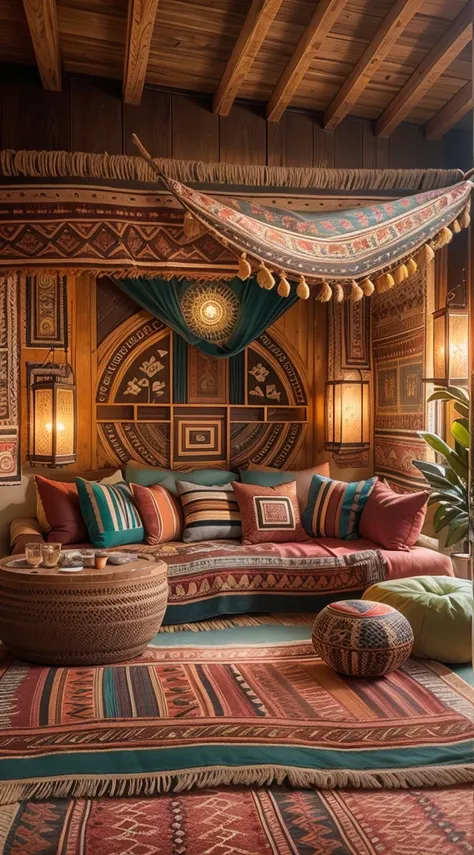 a spacious tribal-style lounge, tribal decorations, cozy seating area, vibrant color scheme, intricate patterns, natural materials, ethnic-inspired textiles, wooden furniture, soft ambient lighting, tribal artifacts, comfortable cushions, large windows ove...