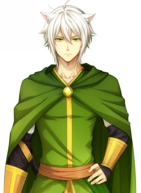 anime white hair with cat ears man in a green cape and green pants, a male catelf, with a green cloak, as a medieval fantasy character, male catelf ranger