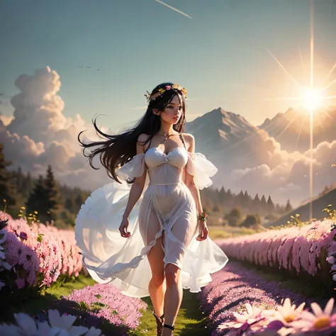 sexy girl in a short transparent white dress, with a wreath on his head, long black hair, walking through a flower field, letho, sun transparent sky - --auto --s2