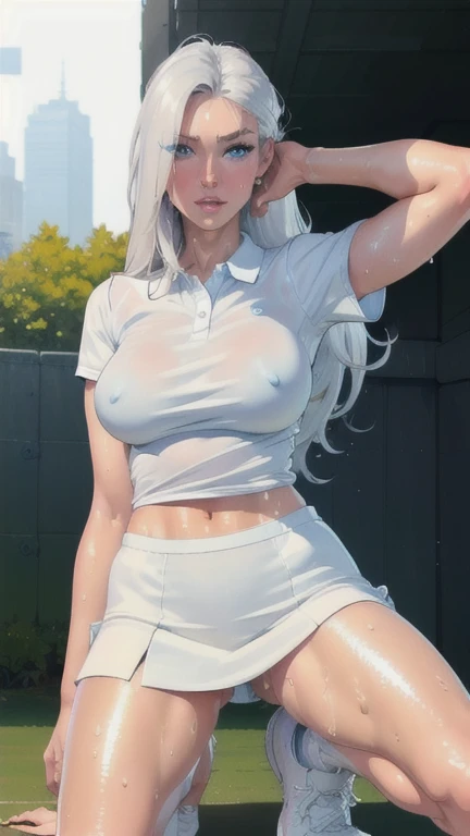 absurd, masterpiece, best quality, realistic, hyper-detailed, (shiny skin, sweaty:1.4), slender, looking at viewer, 1girl, solo, tennis wear, white polo shirt, white sneakers, white miniskirt, long hair, silver hair, blue eyes, (thick thighs:0.5), dynamic ...